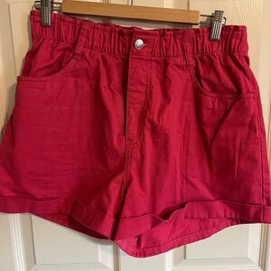 Hot pink high waist paper bag shorts